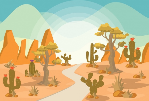 رسم المناظر الطبيعية الصحراوية الملونة الكرتون تصميم أيقونات الصبار