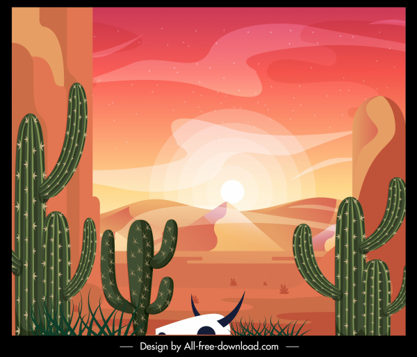 沙漠景观画仙人掌阳光沙丘素描
