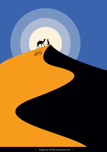 砂漠の風景絵画ラクダ太陽スケッチクラシックデザイン