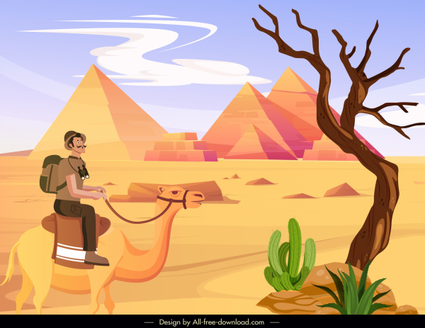 砂漠のシーンペインティングピラミッドラクダの観光客のスケッチ