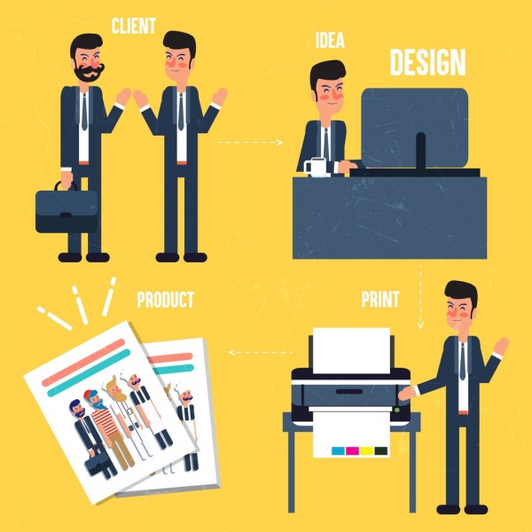 Designer arbeiten Konzept Infografik Männer Druckersymbole