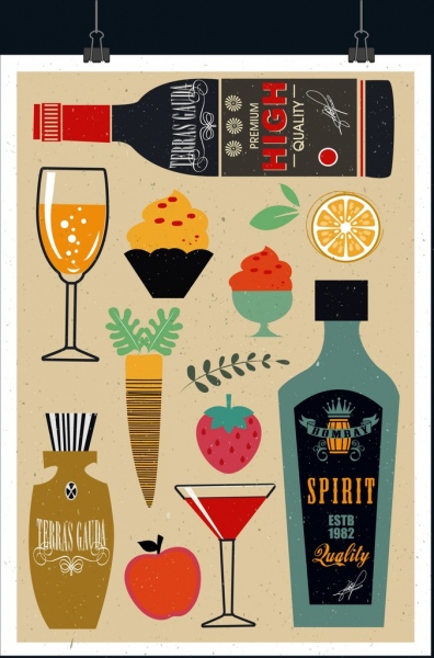 디저트 광고 병 칵테일 과일 아이콘 복고풍 디자인