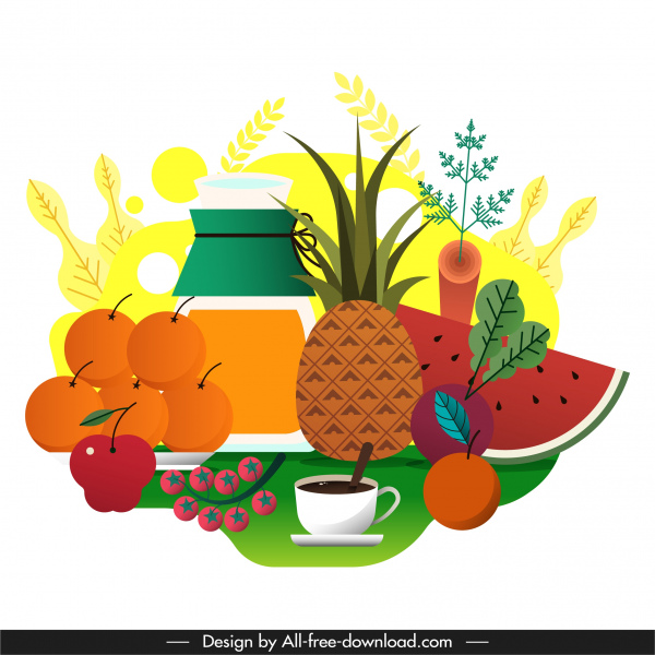 background teh buah makanan penutup sketsa desain datar warna-warni