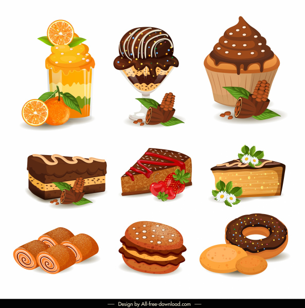 ícones de bolos de creme de sobremesa coloridas croqui decoração de frutas
