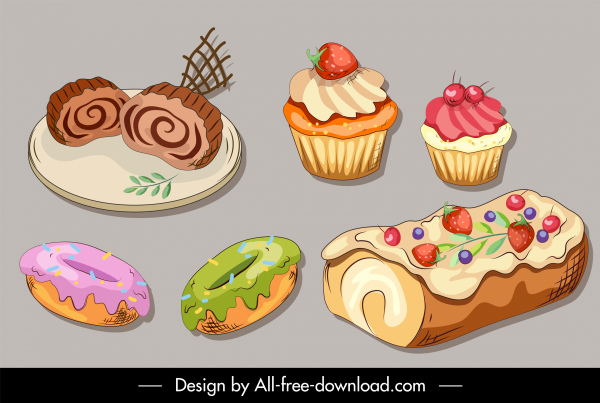 sobremesa ícones de comida bolos esboço clássico desenhado à mão