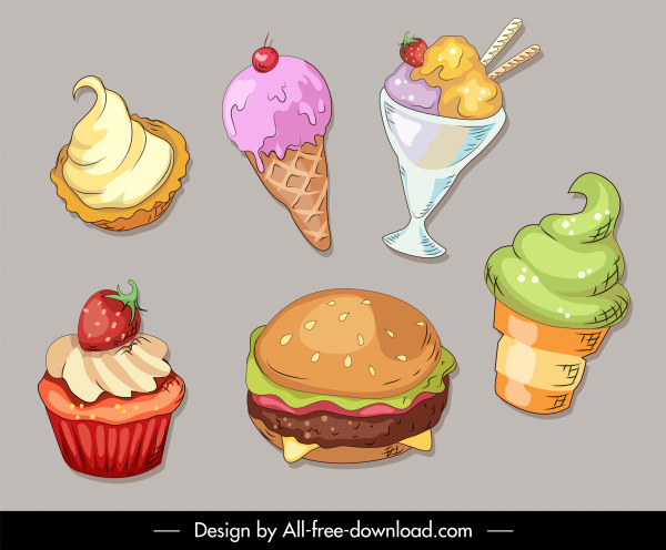 ícones de comida sobremesa colorido esboço clássico desenhado à mão