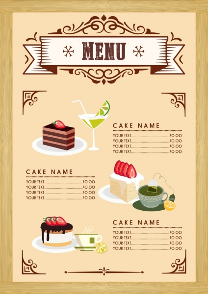 Dessert-Menü Vorlage Kuchen Getränke Symbole klassisches design
