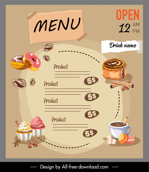 modelo menu sobremesa clássico bolos desenhados à mão esboço de café