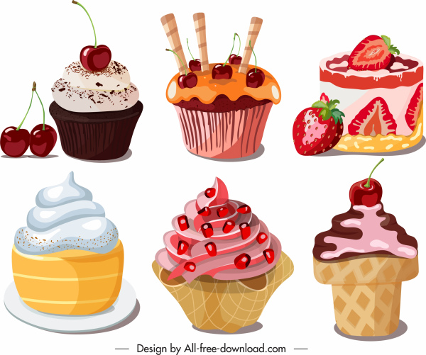 디저트 아이콘 다채로운 장식 컵 케이크 스케치