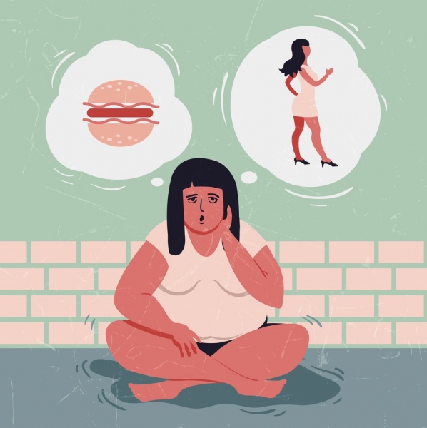 Fondo mujer grasa alimentos pensamiento los iconos de la dieta