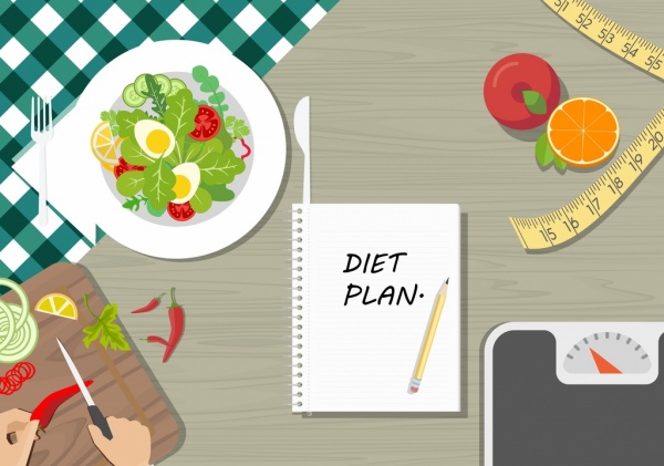 Icone di notebook del righello di peso di cibo vegetale di banner di dieta