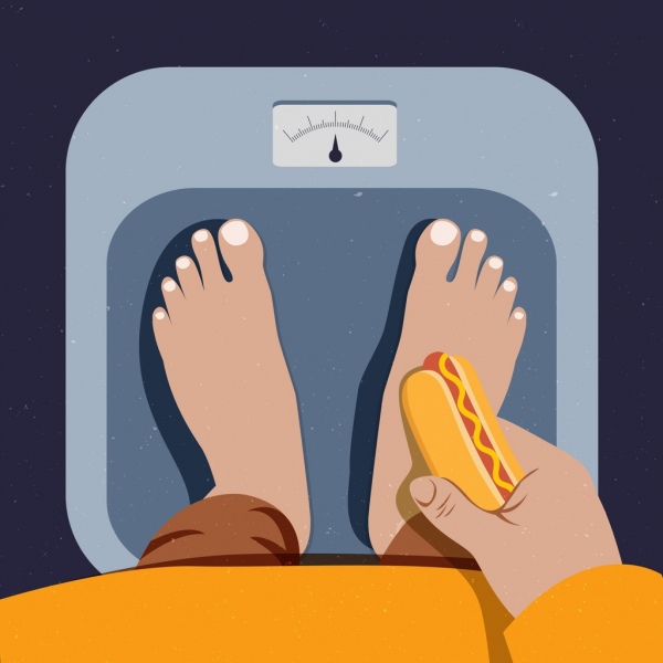 Концепция диета, рисование вес ног Хотдог значки