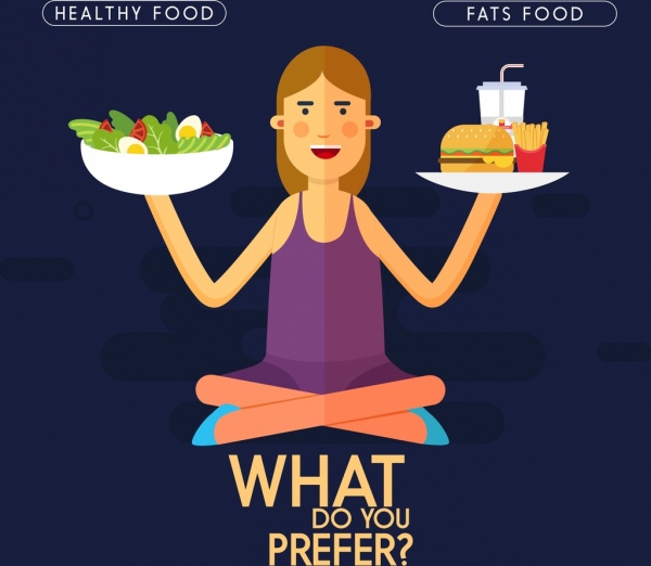 диета плакат женщина быстрого питания овощи значки