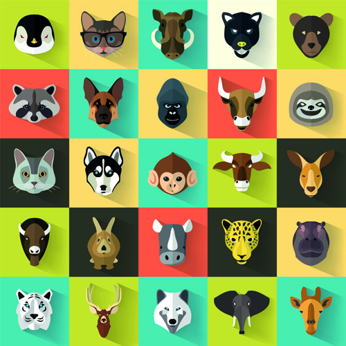 различные животные головы иконы Векторный набор