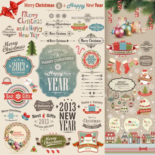 diferentes ornamentos decorativos de Natal e o vetor de rótulos