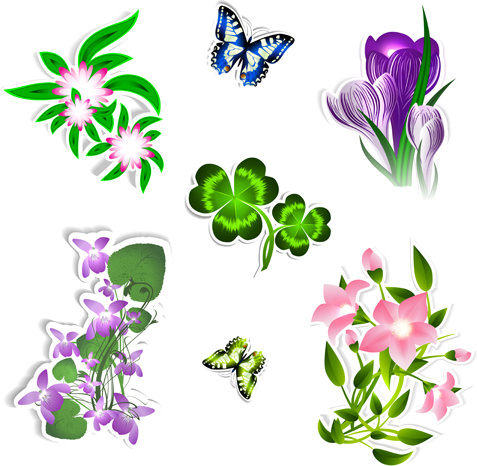 verschiedene Blumen und Schmetterlinge Vektor