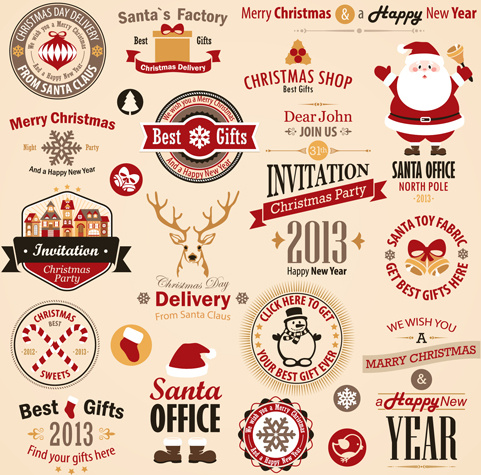 conjunto de vetores de diferentes elementos de rótulos de Natal vintage