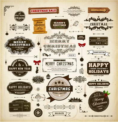 conjunto de vetores de diferentes elementos de rótulos de Natal vintage
