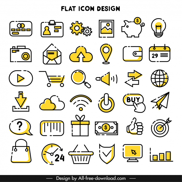 Collection d’icônes numériques rétro simple formes plates croquis