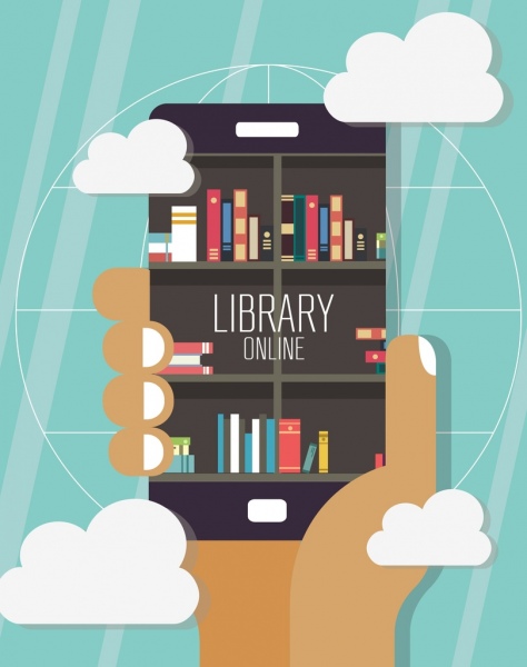 bibliothèque numérique fond smartphone étagère de main de main icônes