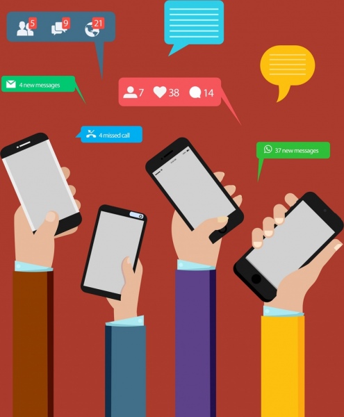 digitaler Lebensstil Hintergrund Hände Smartphones Sprachblasen Symbole