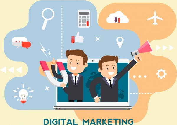 デジタル マーケティング背景ビジネスマンのラップトップ メディア要素装飾
