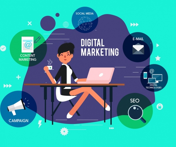 banner de marketing digital empresária ícones de interface de negócios