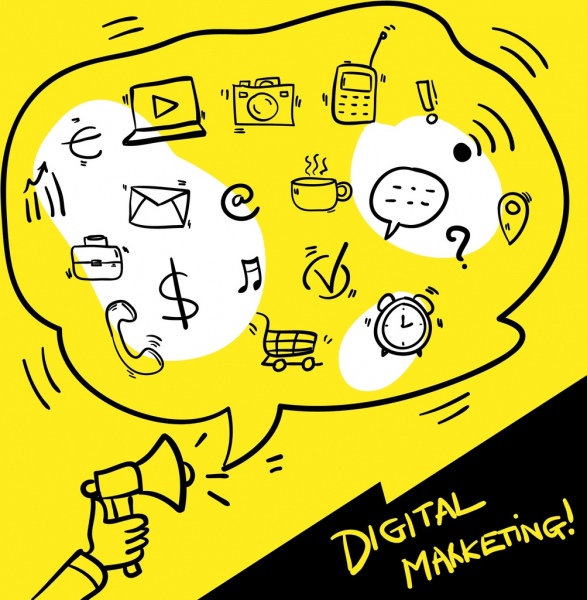 banner de marketing digital desenhado à mão balão de fala ícones da interface do usuário