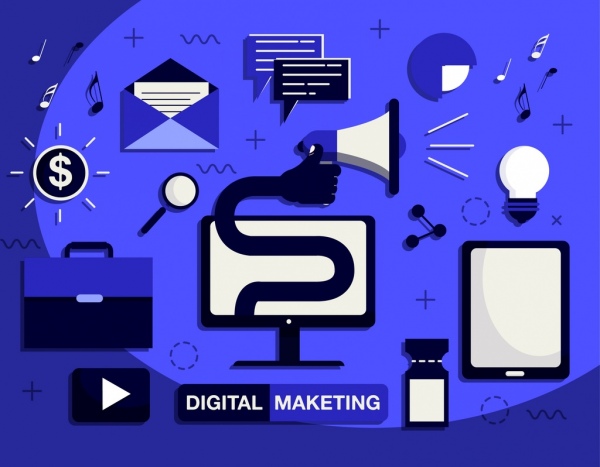 digital marketing design elementos comunicação ícones escuro design