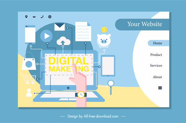 página de inicio de marketing digital brillante diseño plano colorido