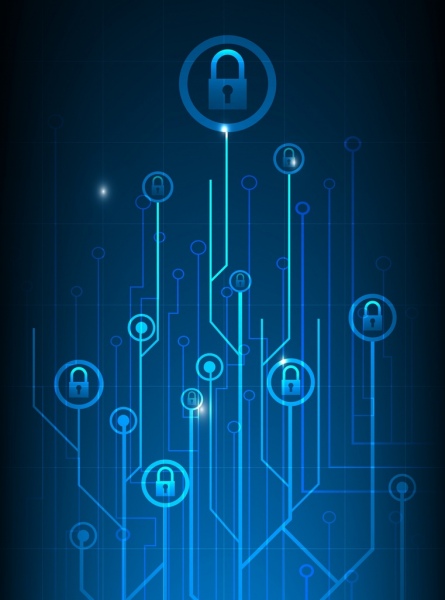 Digital keamanan latar belakang cabang kunci ikon biru dekorasi gelap