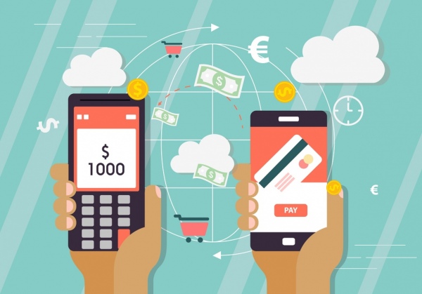 Digital transaksi latar belakang smartphone uang global ikon