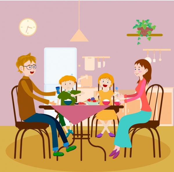 makan malam latar belakang berwarna kartun dekorasi anggota keluarga ikon