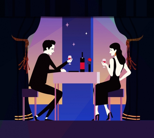 Bữa tối lãng mạn với cặp biểu tượng màu nền hoạt hình.