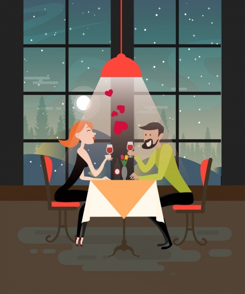 makan malam kencan latar belakang pasangan romantis ikon kartun desain
