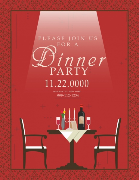 jantar festa convite cartão vermelho design mesa decoração