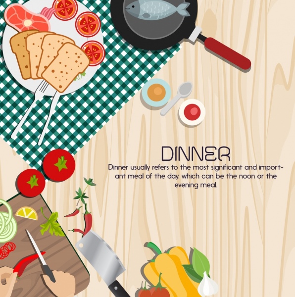 ужин плакат еды подготовка иконы разноцветные дизайн