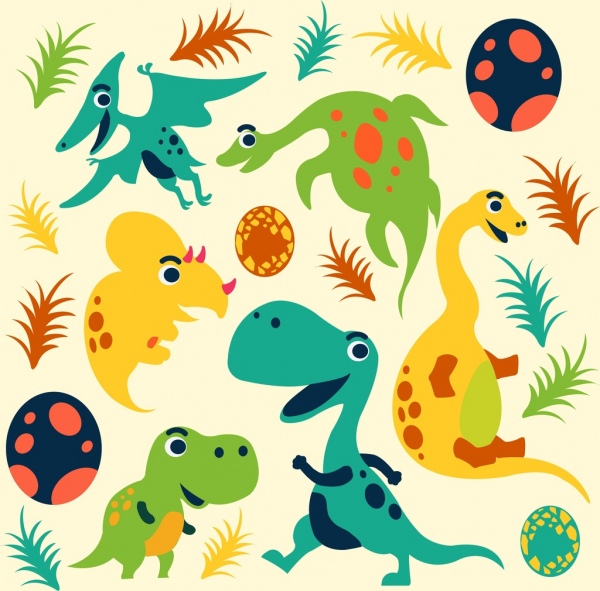 Iconos de dibujos animados lindo dinosaurio de fondo multicolor de sketch