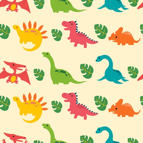 dinossauro de fundo plano multicolorido repetindo ícones