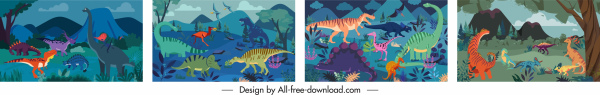 templat latar belakang dinosaurus warna-warni kartun sketsa desain klasik