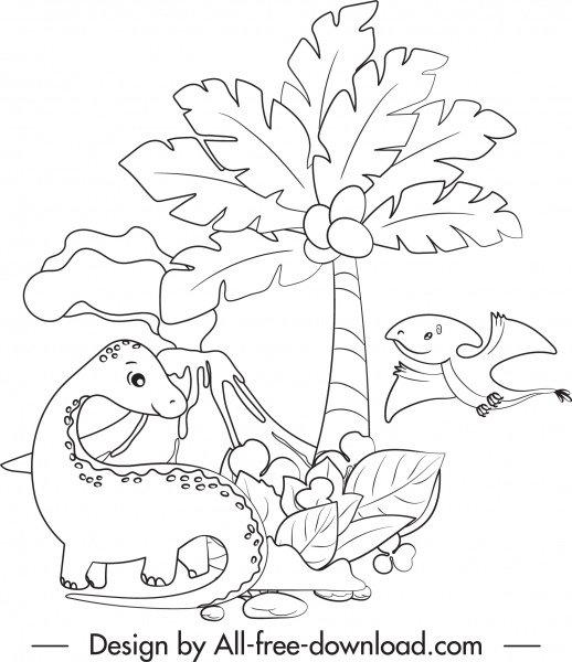 Dinosaurier Zeichnung Cartoon Skizze schwarz weiß handgezeichnet