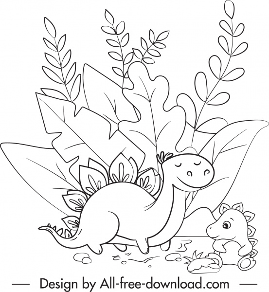 dinozaur rysunek ładny czarny biały ręcznie rysowany szkic kreskówki