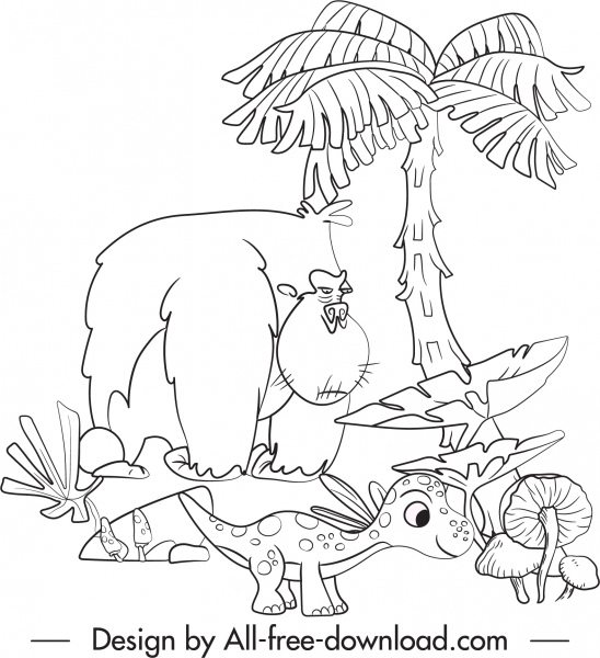 rysunek dinozaura zabawny szkic kreskówki czarny biały ręcznie rysowany