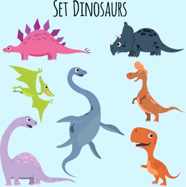 مجموعة ايقونات ديناصور لطيف الكرتون تصميم الملونة