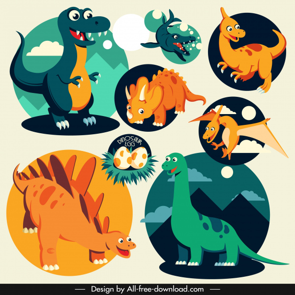 iconos de dinosaurios personajes de dibujos animados de colores bosquejo