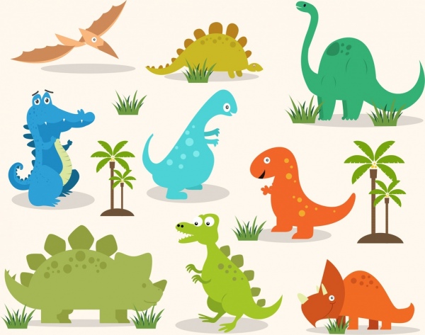 des icônes colorées de dinosaure animé conception