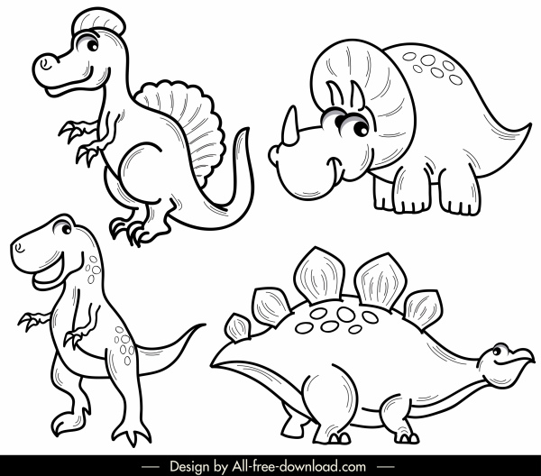 icônes de dinosaures mignon dessin animé croquis noir blanc tiré à la main