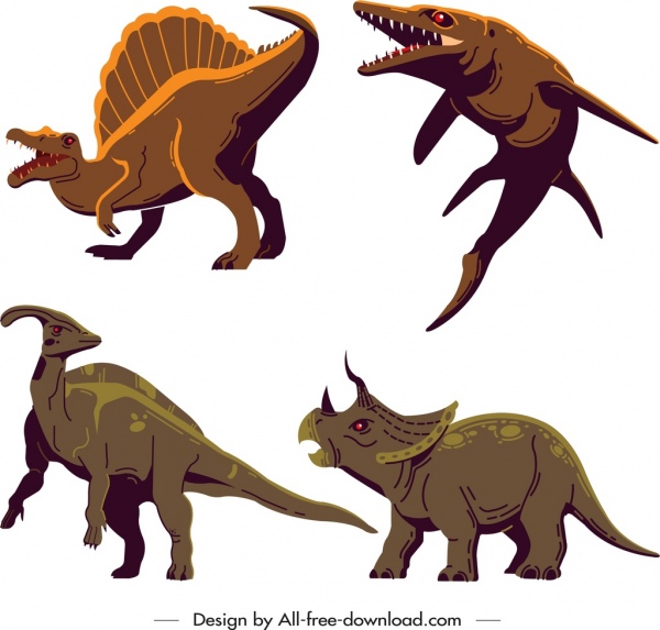Skizzieren Sie Dinosaurier Symbole Parasaurolophus Mosasaurus Triceraptor suchominus