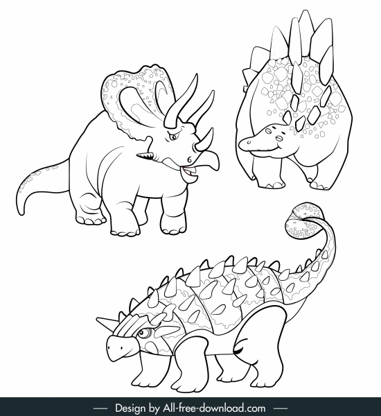 ícones de espécies de dinossauros preto branco desenho animado desenhado à mão