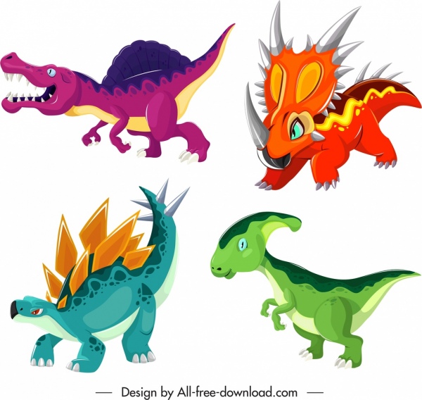 icônes d’espèces de dinosaures croquis de personnages de dessins animés colorés
